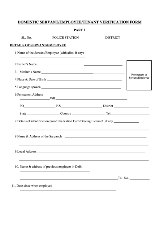 Domestic Servant/employee/tenant Verification Form Printable pdf