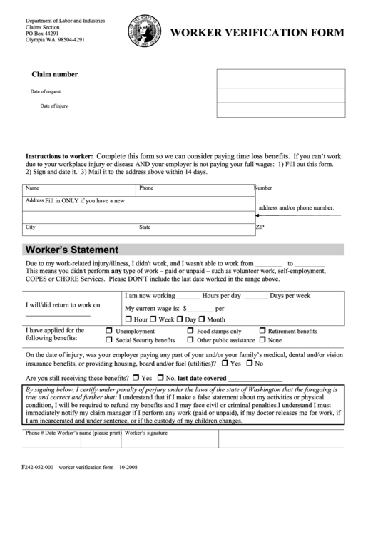 Fillable Worker Verification Form printable pdf download