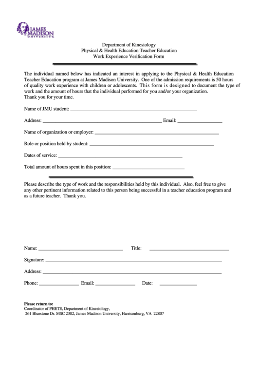 Department Of Kinesiology Physical & Health Education Teacher Education Work Experience Verification Form Printable pdf