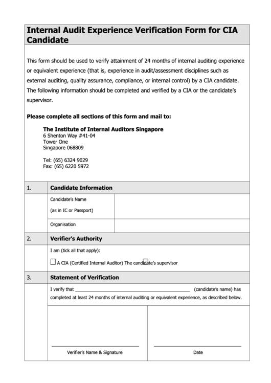 Internal Audit Experience Verification Form For Cia Candidate Printable pdf