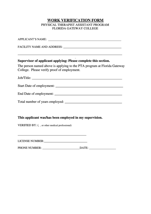 Work Verification Form Printable pdf