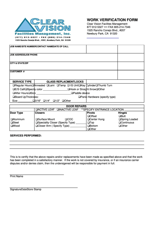 Work Verification Form Printable pdf