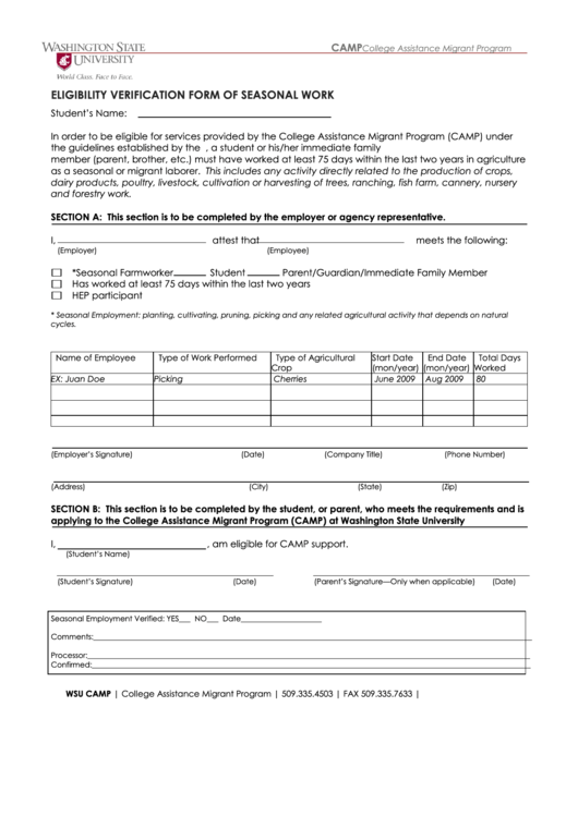 Eligibility Verification Form Of Seasonal Work Printable pdf