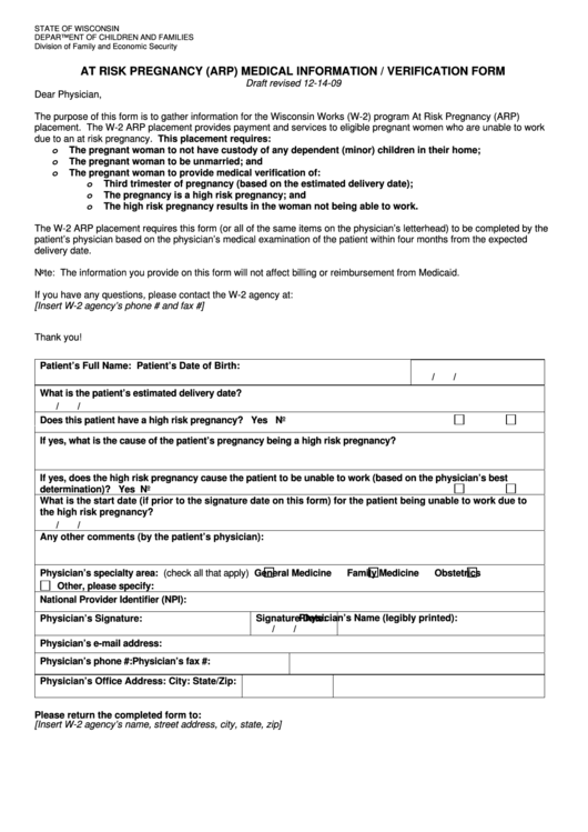 At Risk Pregnancy (Arp) Medical Information / Verification Form Printable pdf