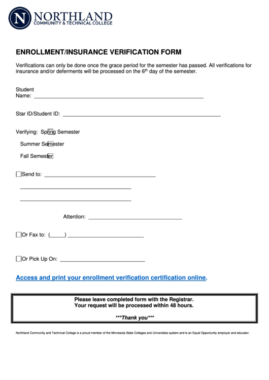 Enrollment/insurance Verification Form Printable pdf