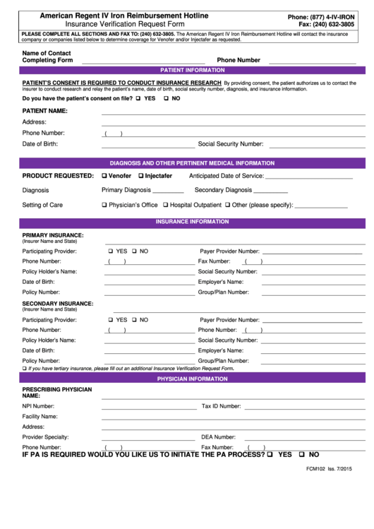 American Regent Iv Iron Reimbursement Hotline Insurance Verification Request Form Printable pdf