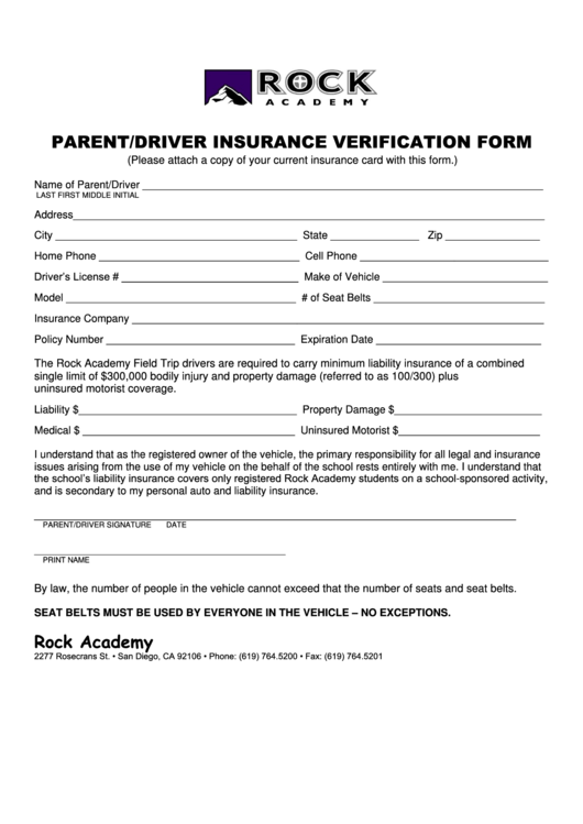 Parent/driver Insurance Verification Form Printable pdf