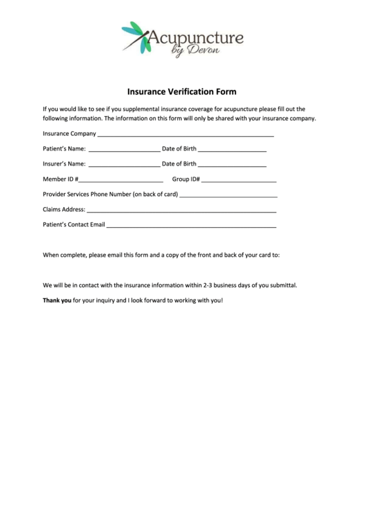 Insurance Verification Form Printable pdf
