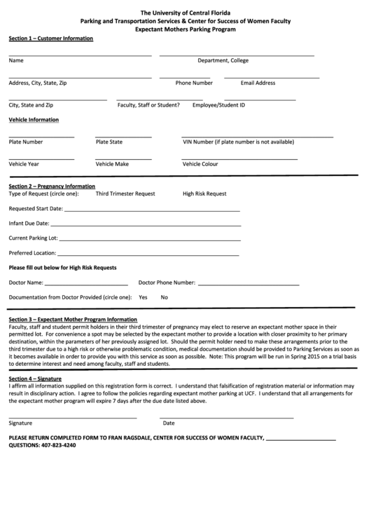 Expectant Mothers Parking Program Application Form - The University Of Central Florida, Parking And Transportation Services & Center For Success Of Women Faculty Printable pdf