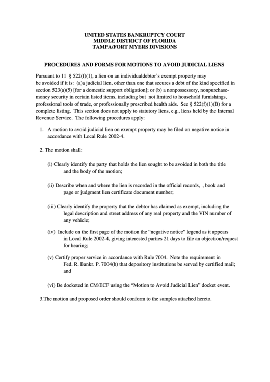 Procedures And Forms For Motions To Avoid Judicial Liens - United States Bankruptcy Court, Middle District Of Florida Tampa/fort Myers Divisions Printable pdf