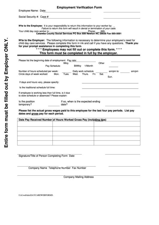 Employment Verification Form Printable pdf