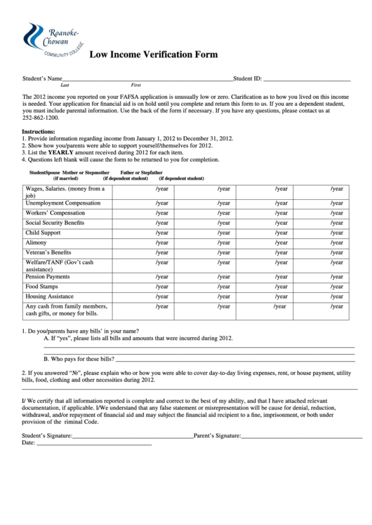 Fillable Low Income Verification Form Printable pdf