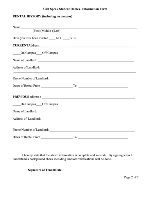 Galt Speak Student Homes - Information Form printable pdf download