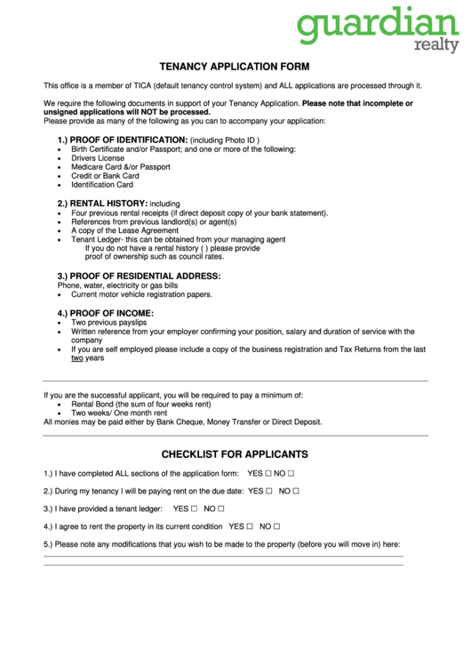 Tenancy Application Form - Guardian Printable pdf