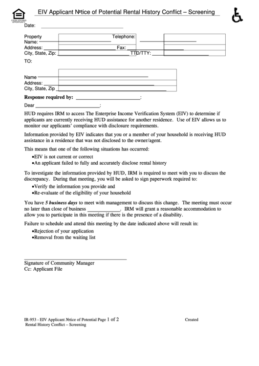 Fillable Eiv Applicant Notice Of Potential Rental History Conflict Form - Screening Printable pdf
