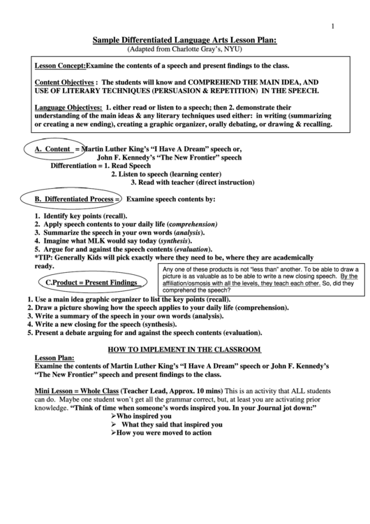 Sample Differentiated Language Arts Lesson Plan Template Printable Pdf Download