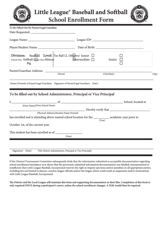 Little League Baseball And Softball School Enrollment Form Printable pdf