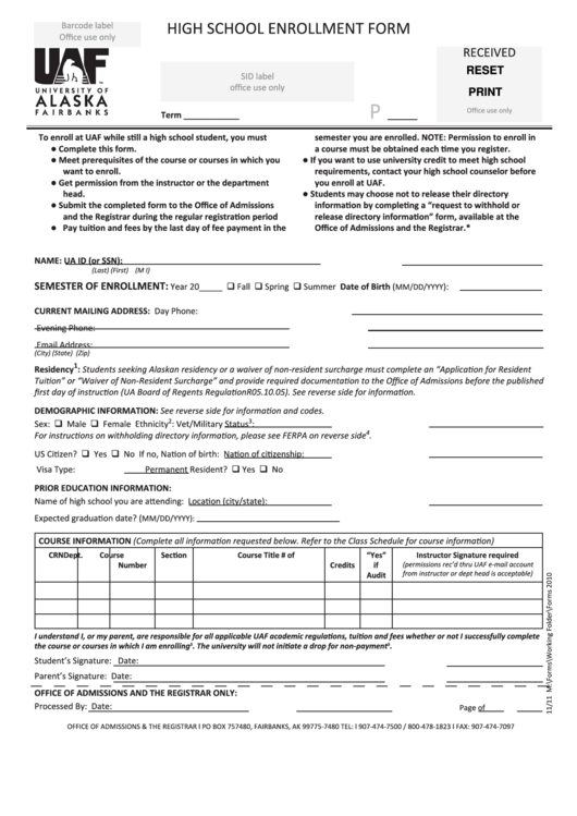 Fillable 2010 High School Enrollment Form Printable pdf