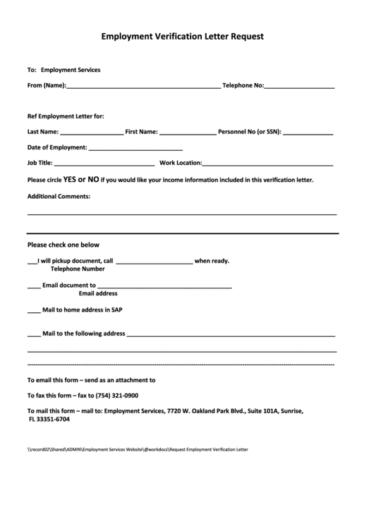 Fillable Employment Verification Letter Request Printable pdf