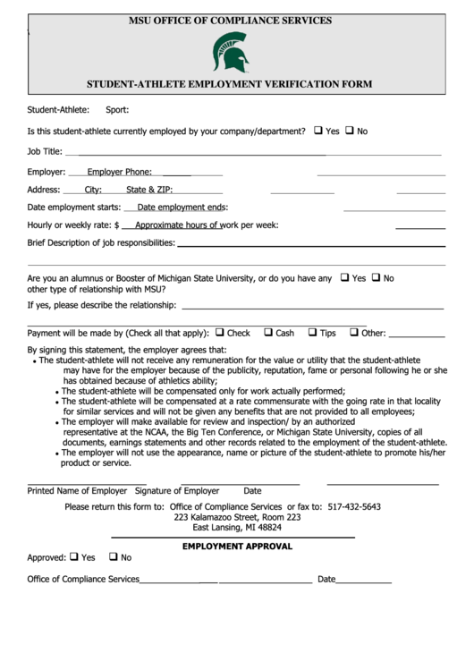 Fillable Student-Athlete Employment Verification Form Printable pdf