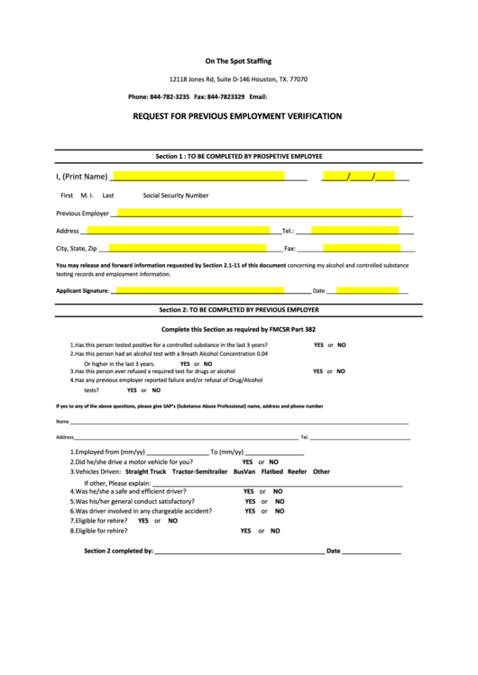 Request For Previous Employment Verification Printable pdf