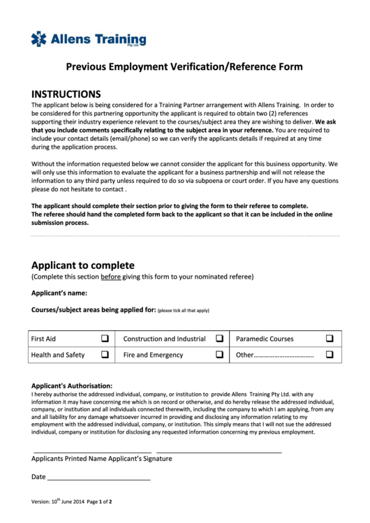 Previous Employment Verification/reference Form Printable pdf