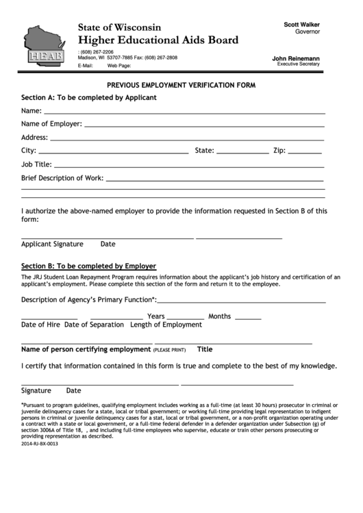 Previous Employment Verification Form Template