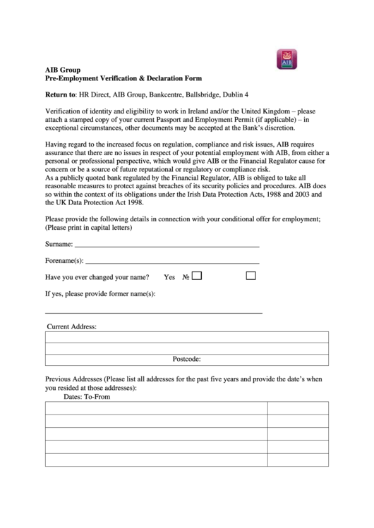Pre-Employment Verification & Declaration Form Printable pdf
