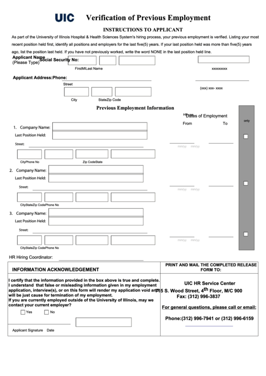 Verification Of Previous Employment Printable pdf