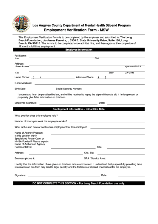 Los Angeles County Department Of Mental Health Stipend Program Employment Verification Form - Msw Printable pdf