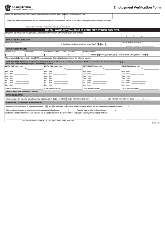Fillable Cy 925 - Employment Verification Form (Pennsylvania Department Of Human Services) Printable pdf