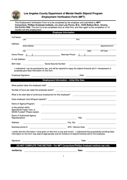Los Angeles County Department Of Mental Health Stipend Program Employment Verification Form (Mft) Printable pdf