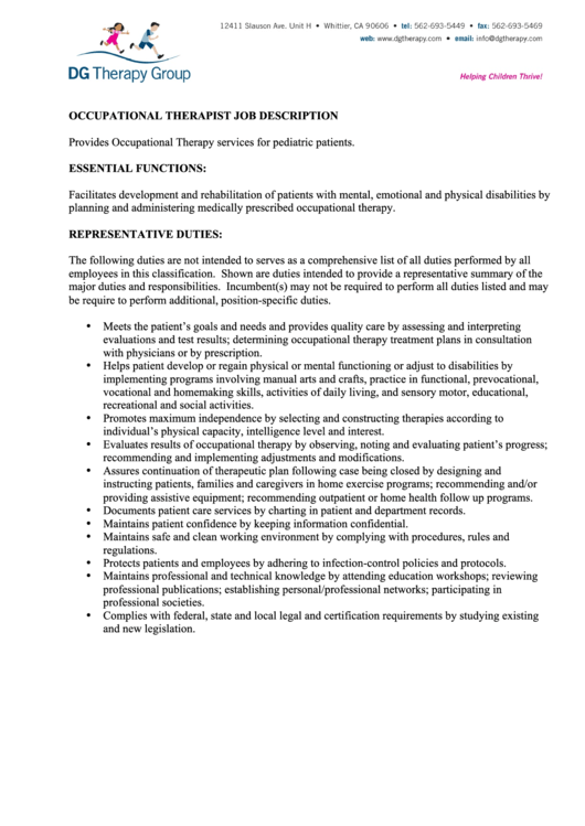 Job Description Template - Occupational Therapist Printable pdf