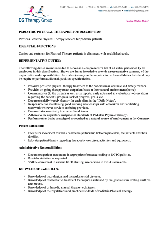 Job Description Template - Pediatric Physical Therapist Printable pdf