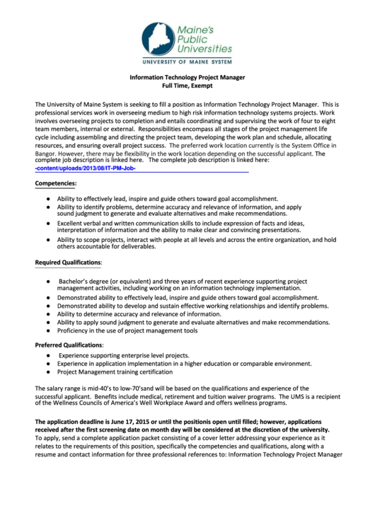 Information Technology Project Manager Printable pdf