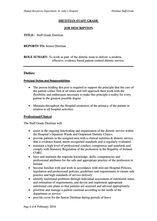 Dietitian Staff Grade Printable pdf