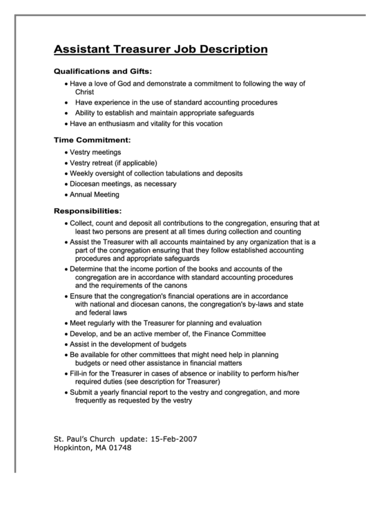 Assistant Treasurer Job Description Printable pdf