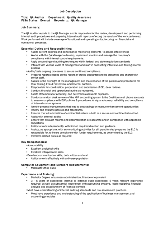 Qa Auditor Job Description Template Printable pdf