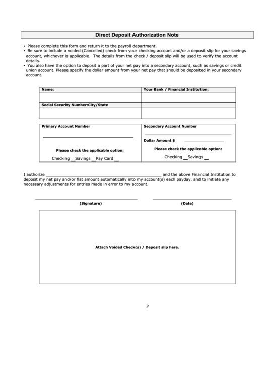 Direct Deposit Authorization Note Printable pdf