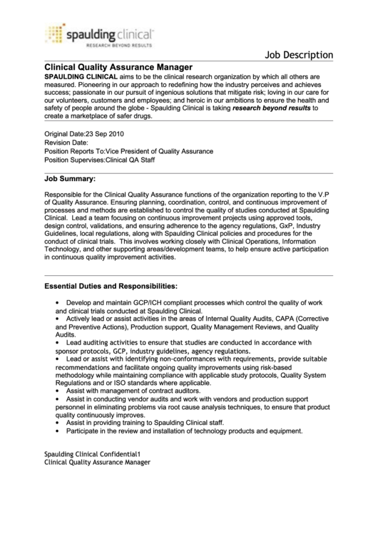 Clinical Quality Assurance Manager Printable pdf