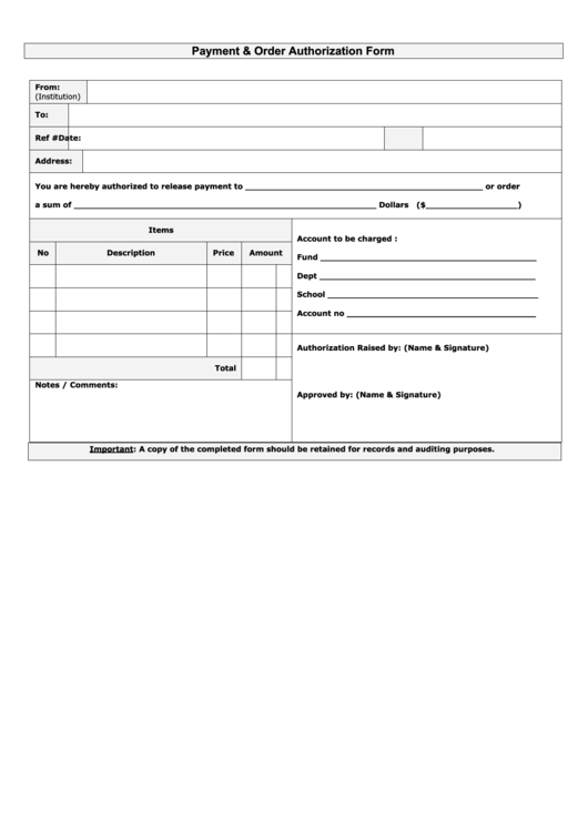 Payment & Order Authorization Form Printable pdf