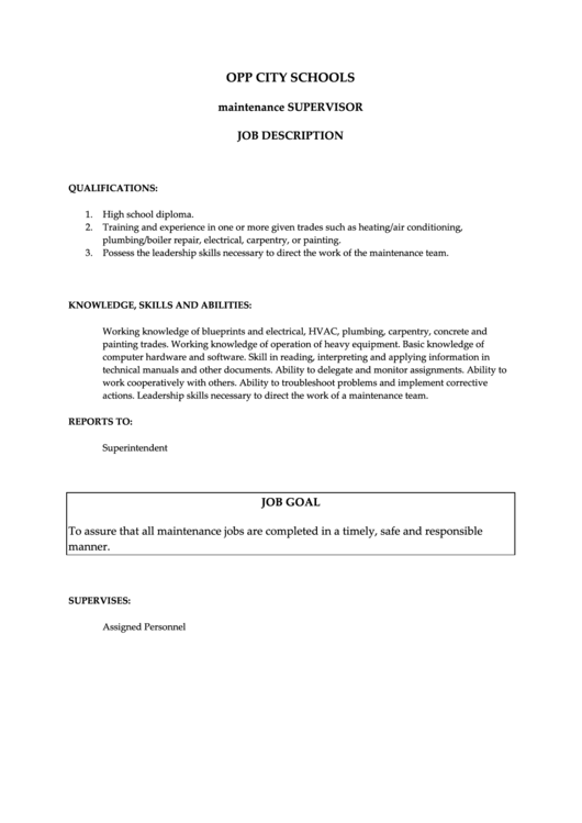 Maintenance Supervisor Printable pdf