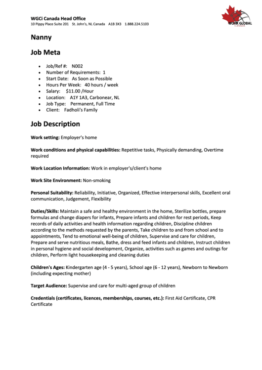 Nanny Job Description Printable pdf