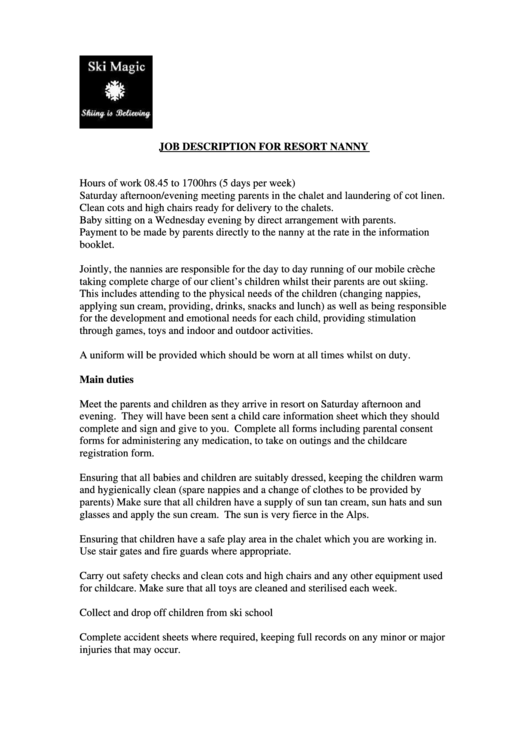Job Description For Resort Nanny Printable pdf