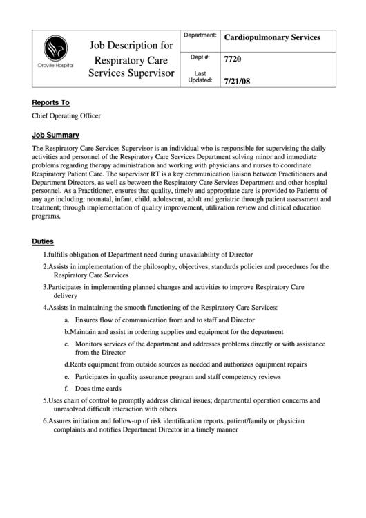 Respiratory Care Services Supervisor Printable pdf