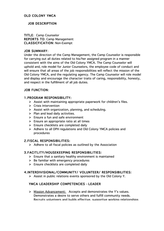 Camp Counselor Job Description Template Printable pdf