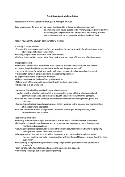 Front Desk Agent Job Description Printable pdf