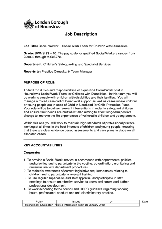 Social Worker Job Description Printable pdf