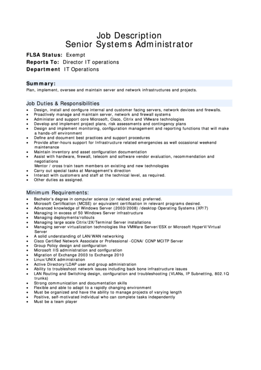 Position Description Template - Senior Systems Administrator Printable pdf