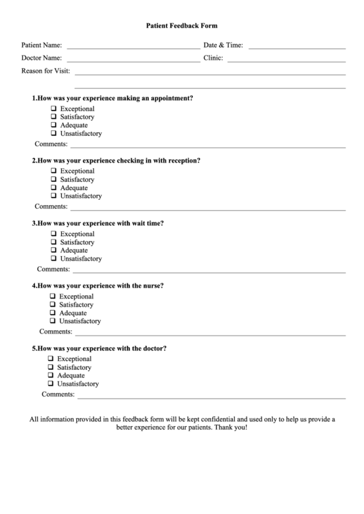 Patient Feedback Form Printable pdf
